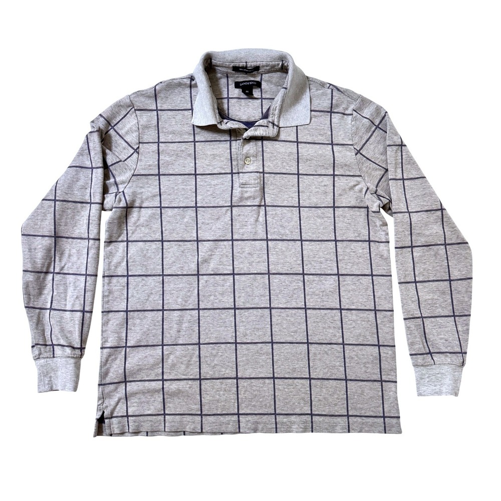 Lands End Polo Shirt M Grey Windowpane Supima Cotton Long Sleeve Traditional Fit